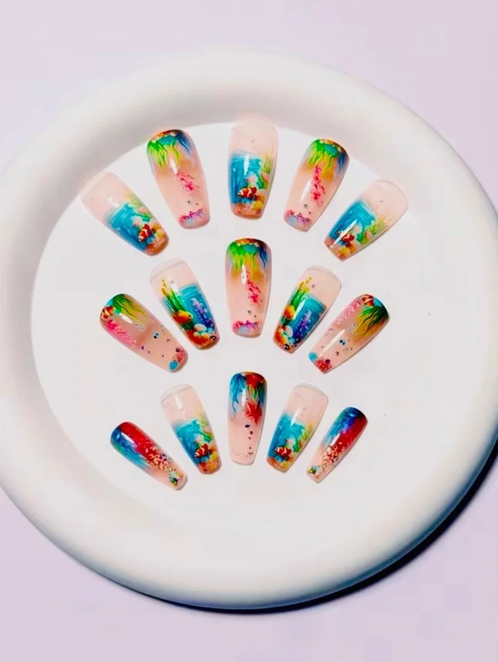New -Super Cool -24Pcs Reusable Press-On-Nails w/Underwater Design